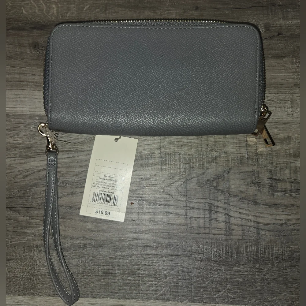 Gray Wrislet Wallet With Strap, 2 Zippered Sections, Card Slots & Coin Storage